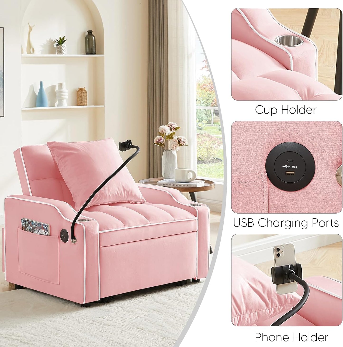 Modern Pull Out Sofa Bed w/Adjustable Backrest, 3 in 1