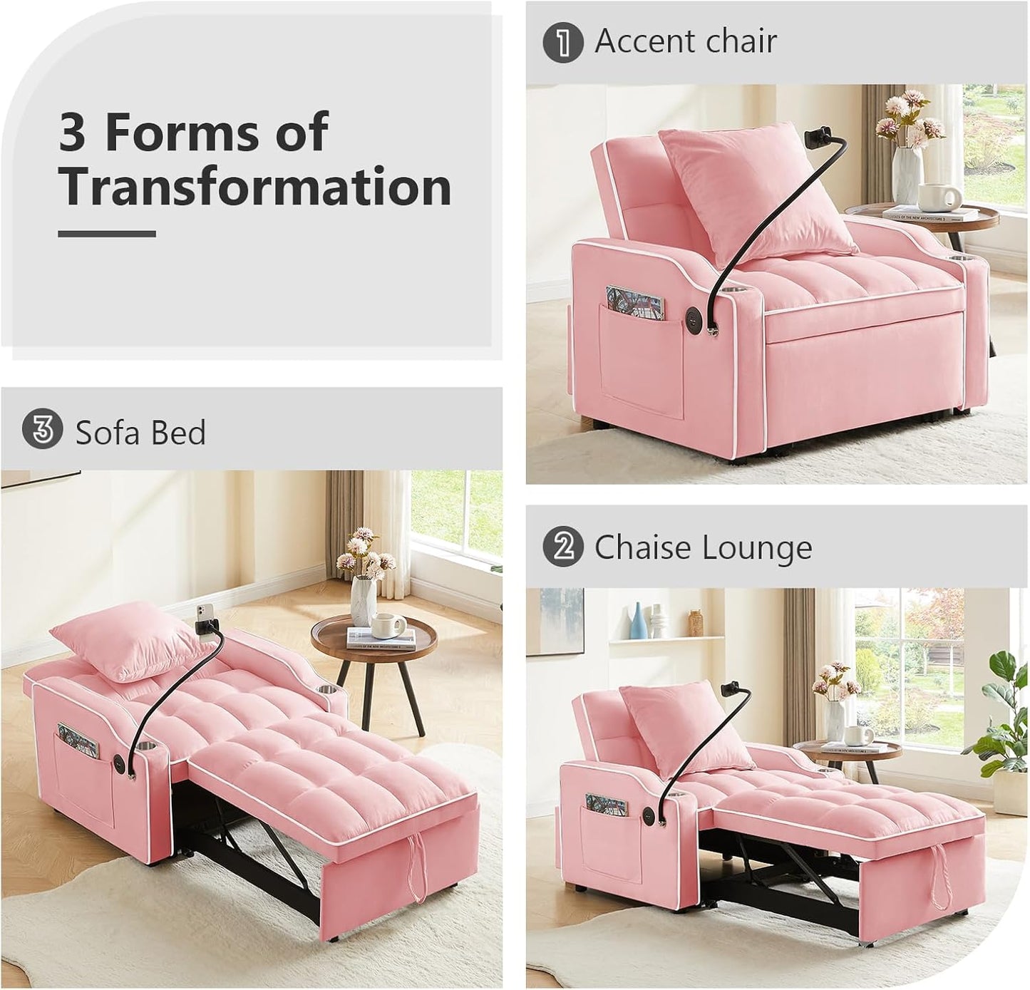 Modern Pull Out Sofa Bed w/Adjustable Backrest, 3 in 1