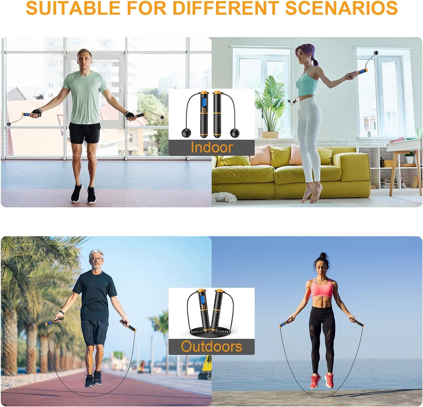 Smart Jump Rope, Fitness Skipping Rope with Weight/Lap/Time/Calorie Record, Adjustable Digital Counting Jump Ropes for Home Gym, Cordless Jumping Rope for Men Women Kids Fitness Exercise Training