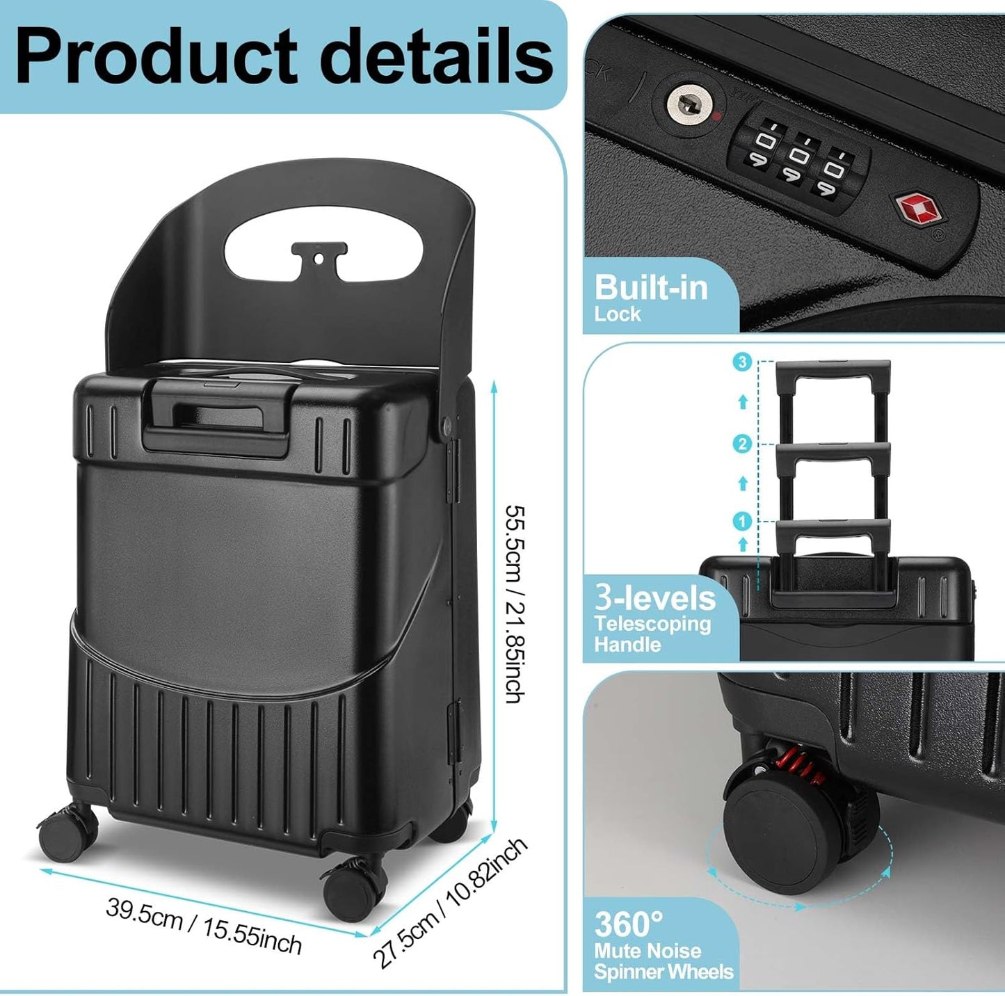 22 Inch Carry on Luggage with Seat for Kids