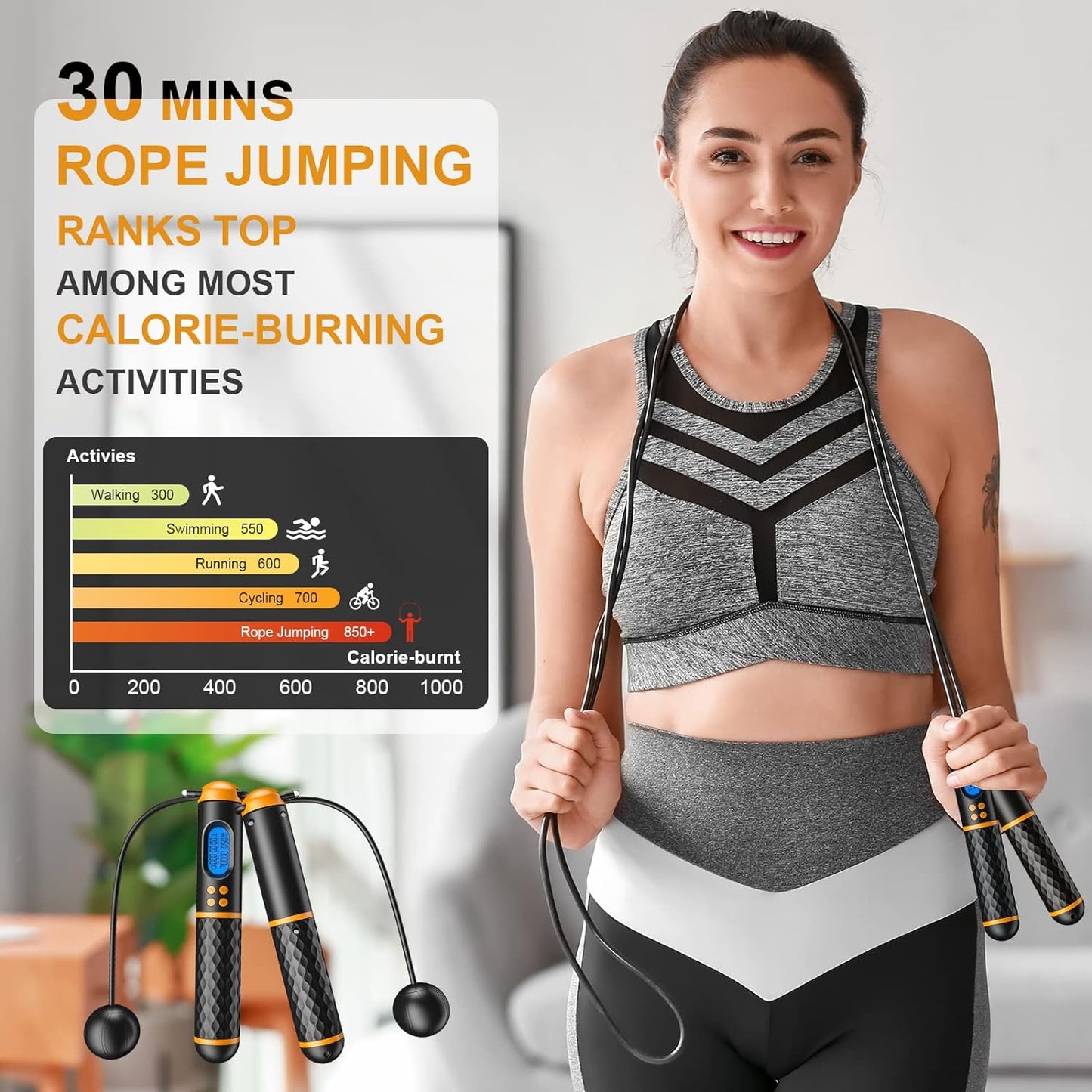 Smart Jump Rope, Fitness Skipping Rope with Weight/Lap/Time/Calorie Record, Adjustable Digital Counting Jump Ropes for Home Gym, Cordless Jumping Rope for Men Women Kids Fitness Exercise Training