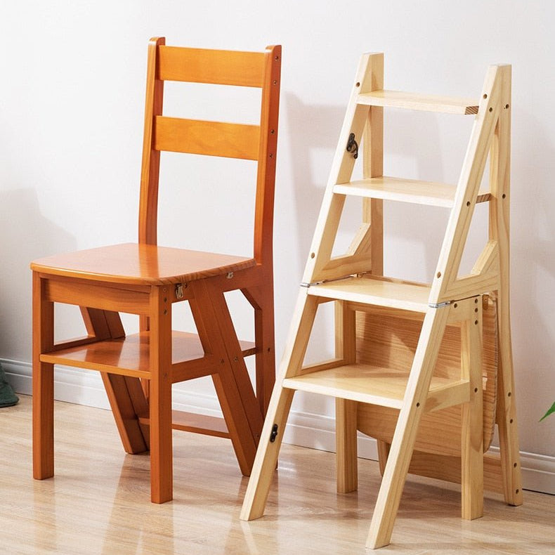 Wooden Ladder Chair - 4-Step Folding Portable Wooden Stool